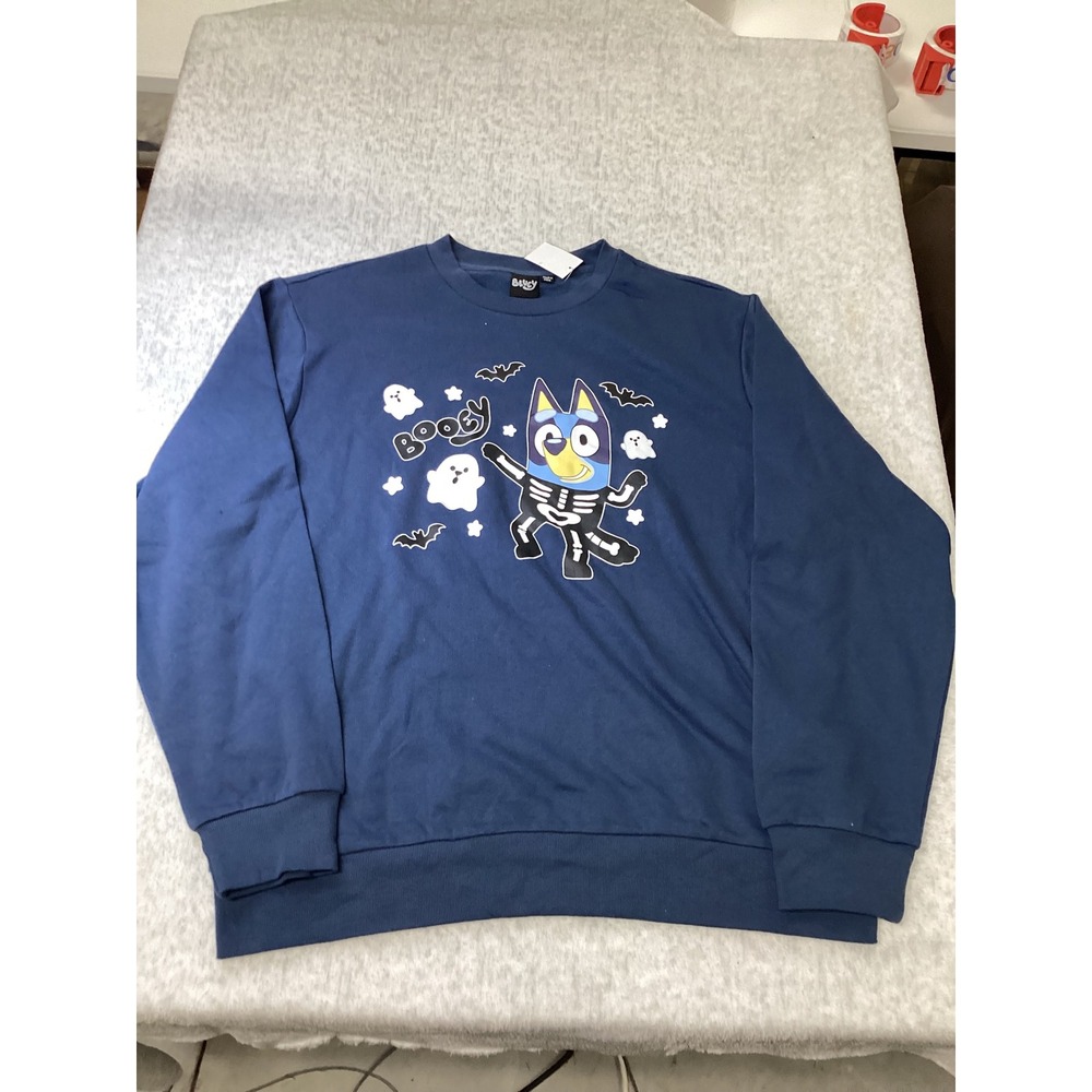 Bluey Womens Halloween Skeleton Boogy Navy Blue Graphic Sweatshirt Medium NWT..